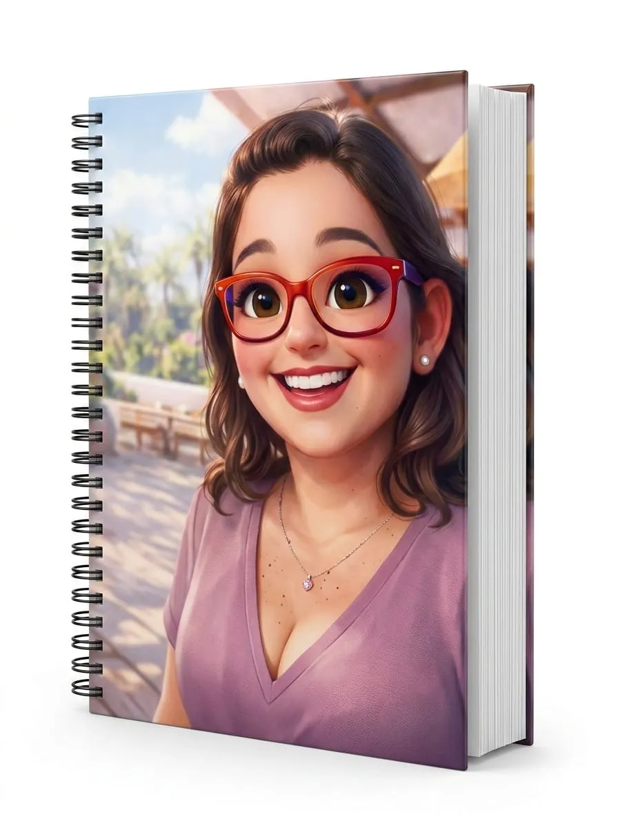 Bullet journal com capa ilustrada de uma cliente de óculos vermelhos